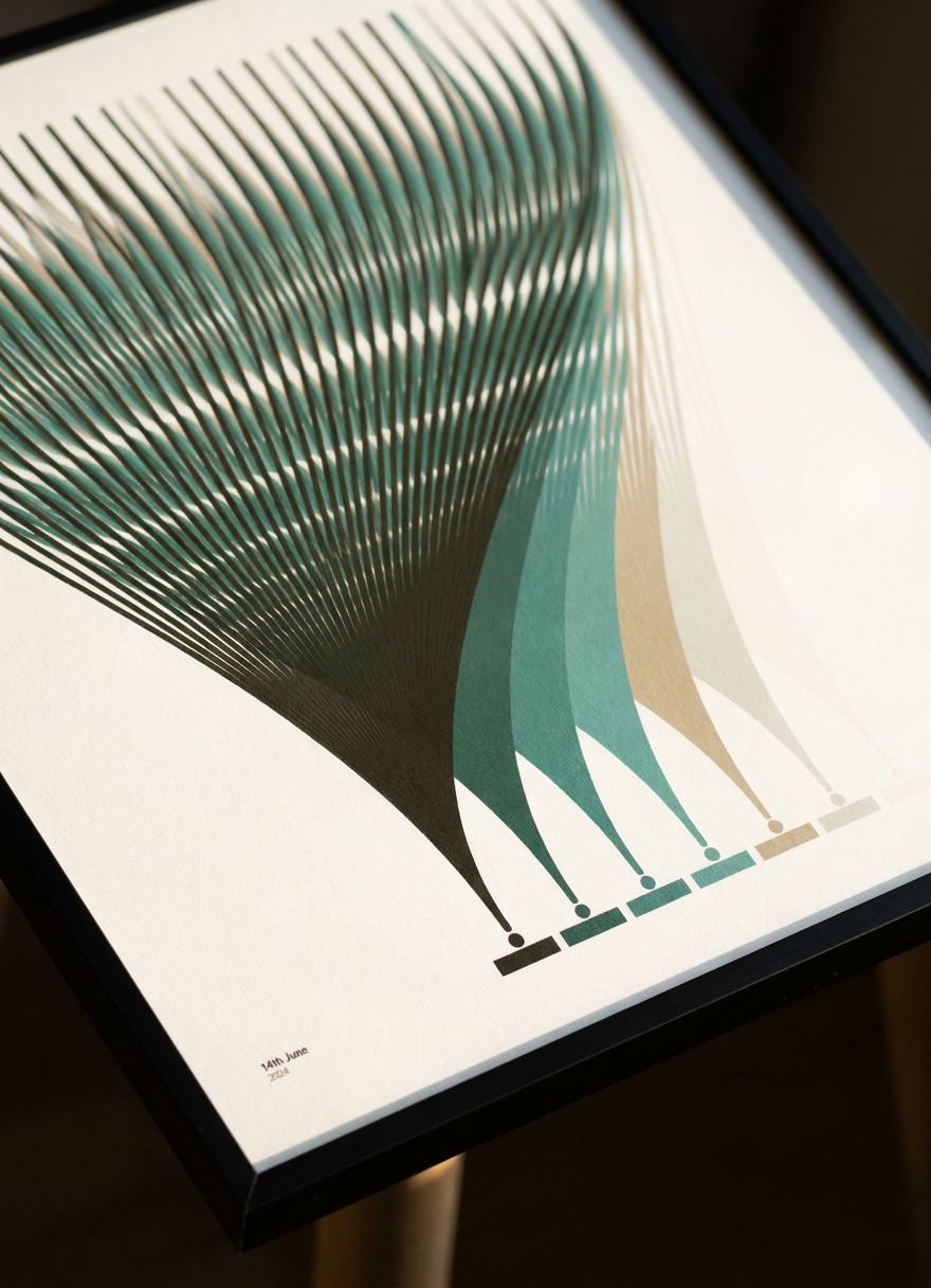 Macro detail of a Spectra Depth Hueprint — colour bands, date text, and archival giclee paper texture (sold unframed)