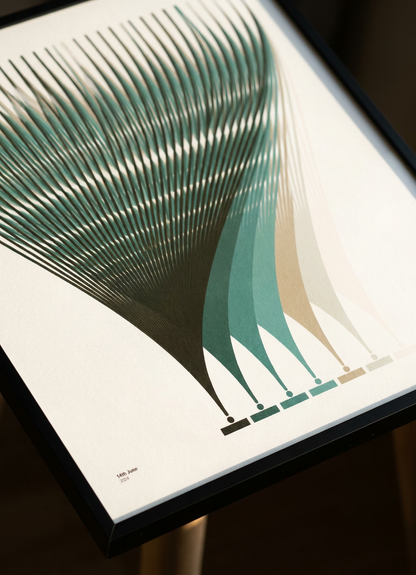 Macro detail of a Spectra Depth Hueprint — colour bands, date text, and archival giclee paper texture (sold unframed)