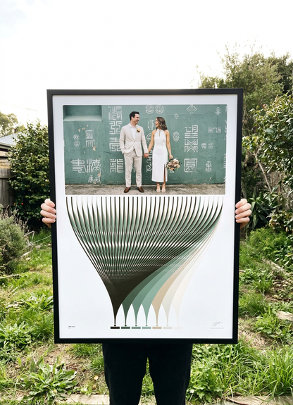 Anniversary Gift Set Hueprint held outdoors — print floating face-on in natural daylight, face hidden behind the frame