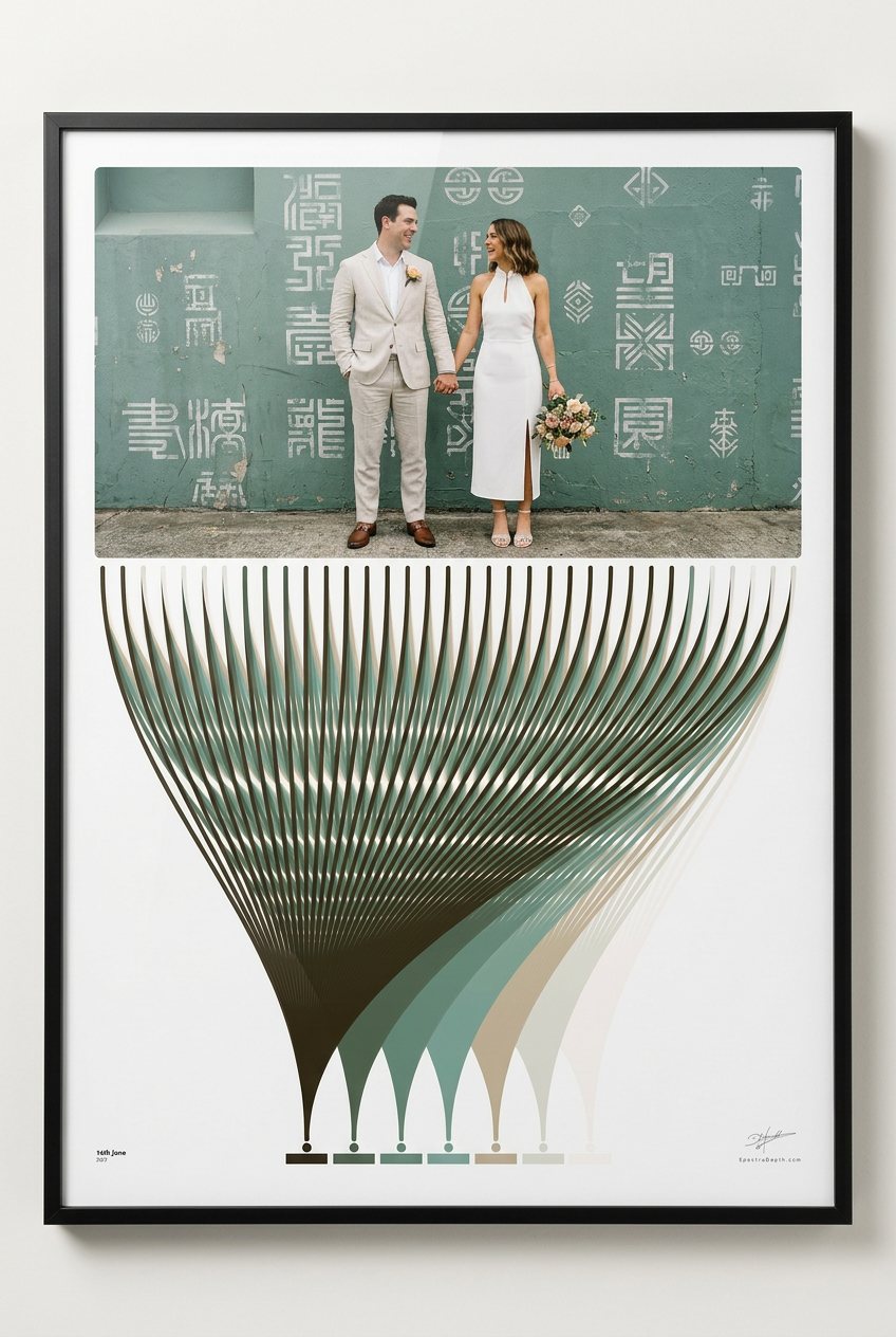 Spectra Depth Hueprint — colour bands and wedding date on archival giclee paper, shown in a slim black frame for scale (print sold unframed)