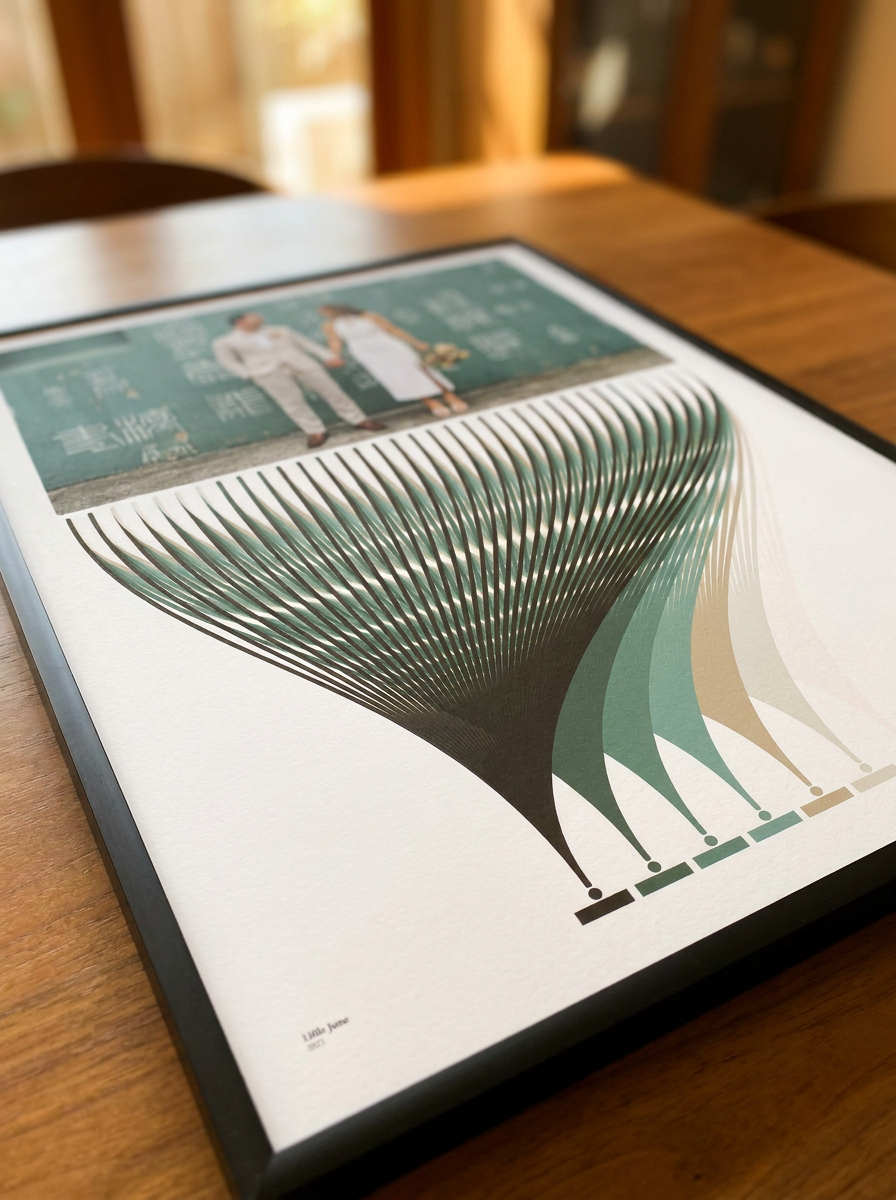 Hueprint Anniversary Gift Set on a warm wood surface — low oblique angle with colour ribbons dominant