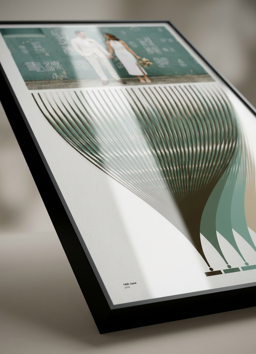 Side-angle view of a Hueprint Anniversary Gift Set — ribbon flow and frame depth from a low side perspective