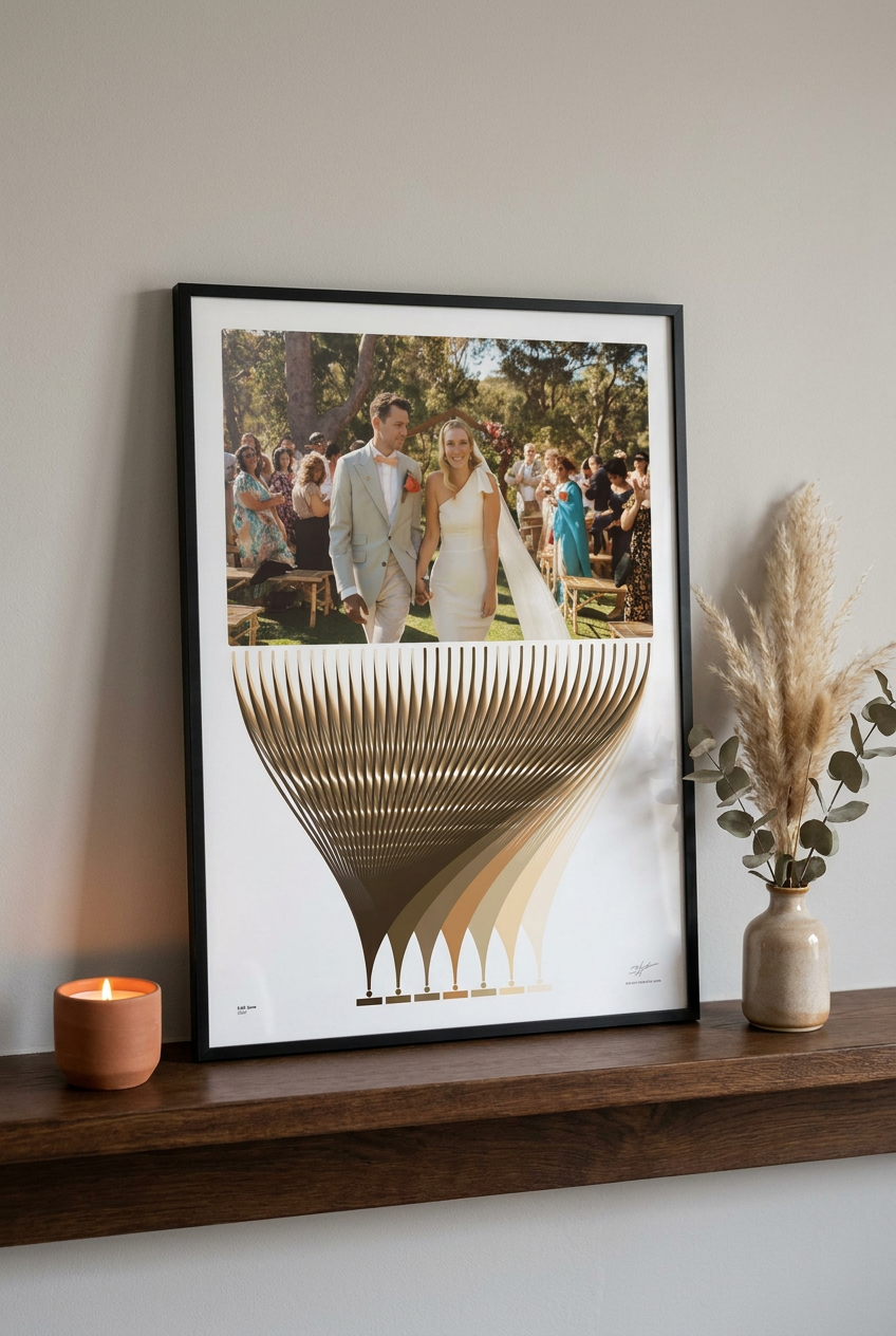 Framed Hueprint anniversary art print leaning on mantelpiece with candles and dried flowers
