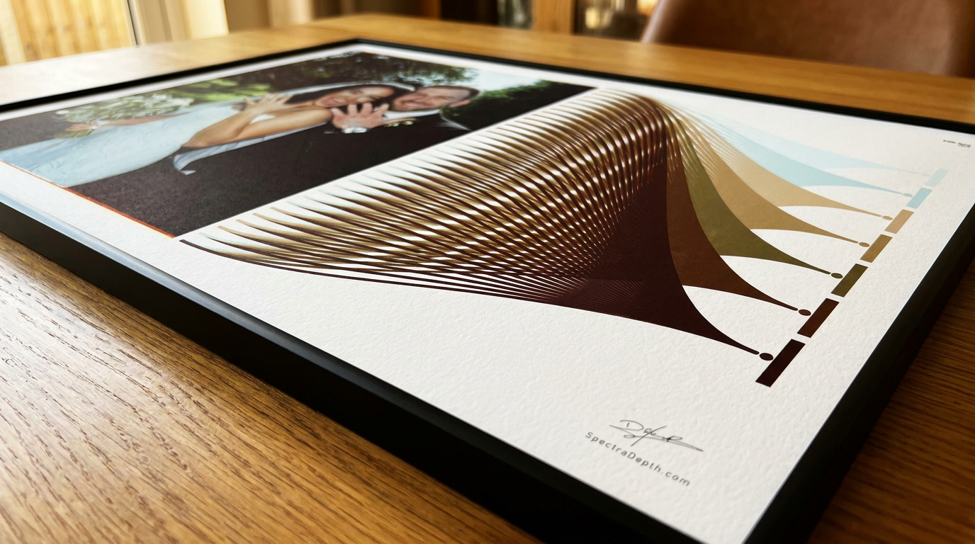 Framed Hueprint anniversary art print on warm wood table at oblique angle showing frame depth