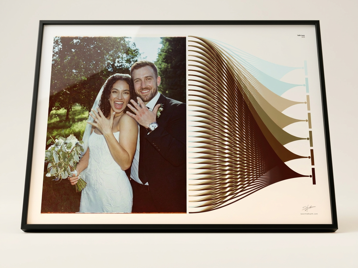 Framed Hueprint anniversary art print at low heroic angle showing frame depth and colour ribbons